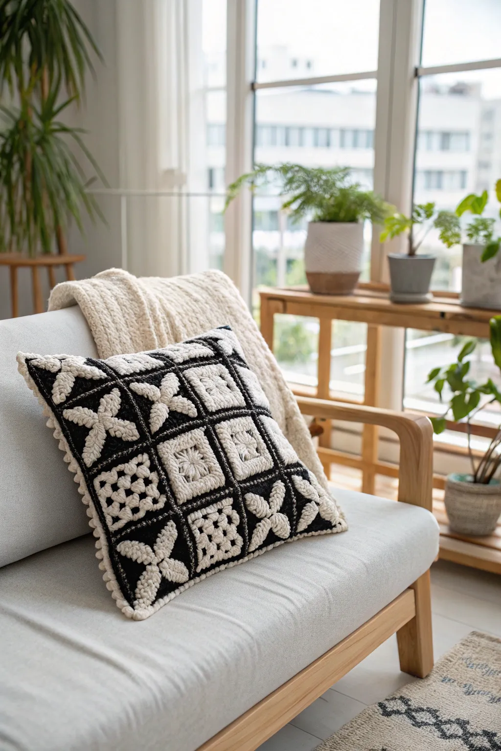 Elevate your living space with a stunning black and white checkered crochet cushion cover – where simplicity meets artistry.