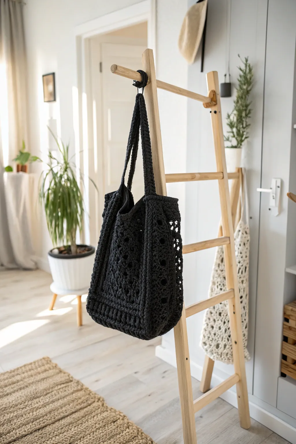 Embrace elegance and functionality with this classic black crochet tote—your perfect companion for every market visit.