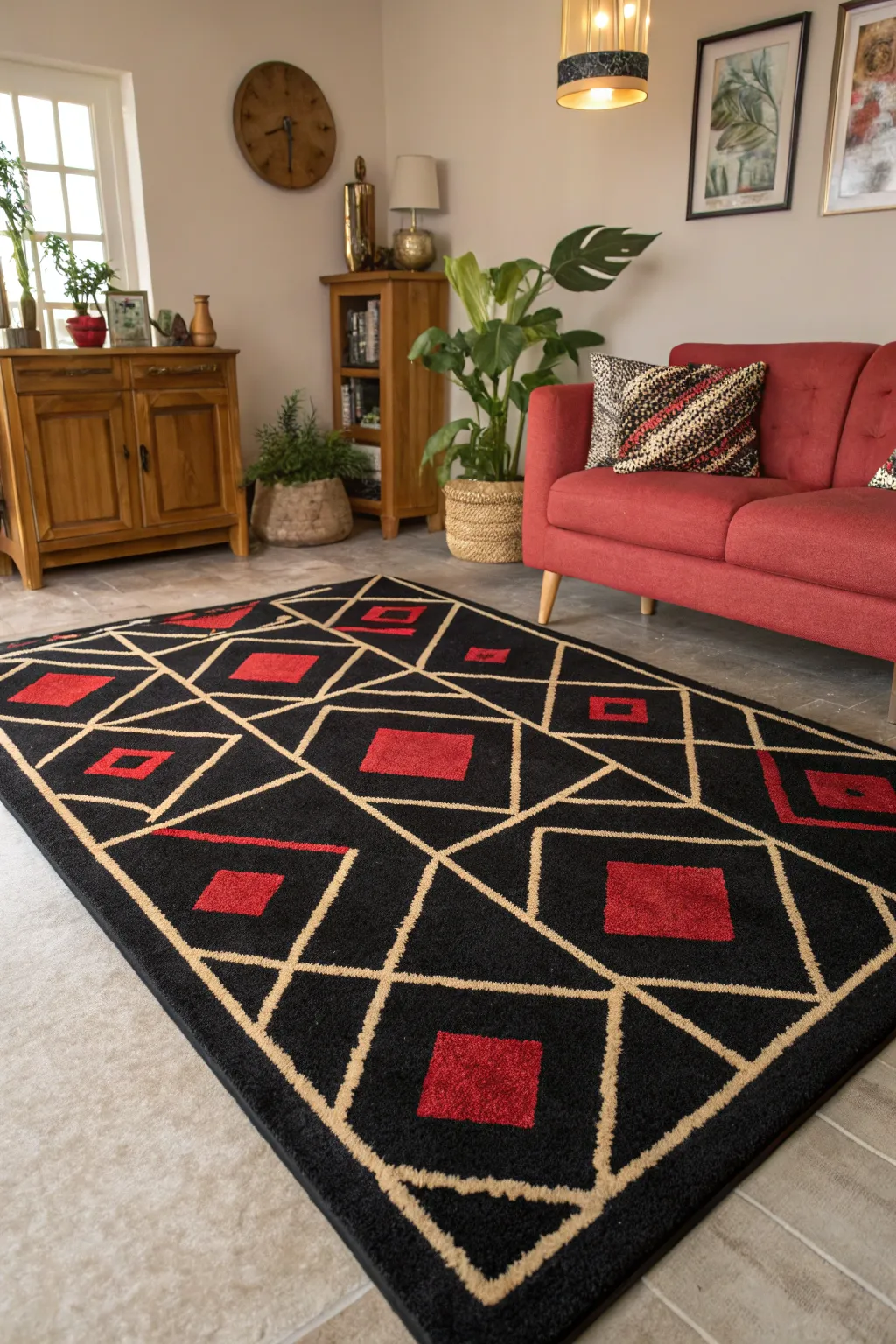 Geometric patterns on a black rug add a modern and playful touch to any space.