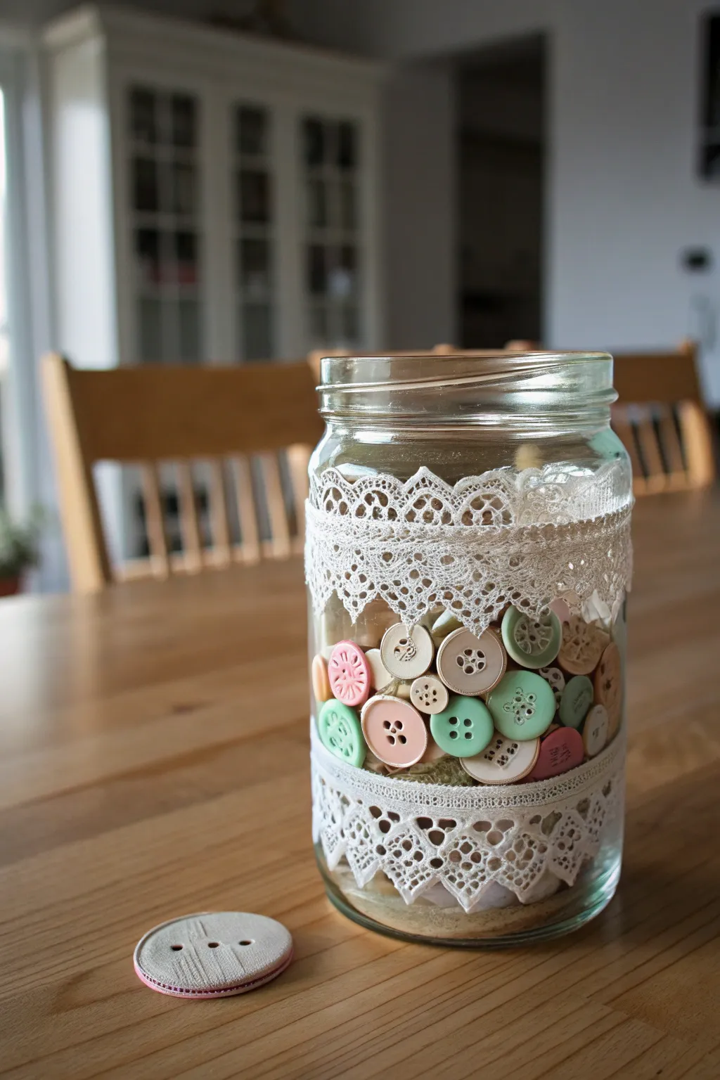 Infuse your space with charm: A vintage-inspired blessing jar adorned with lace and buttons.