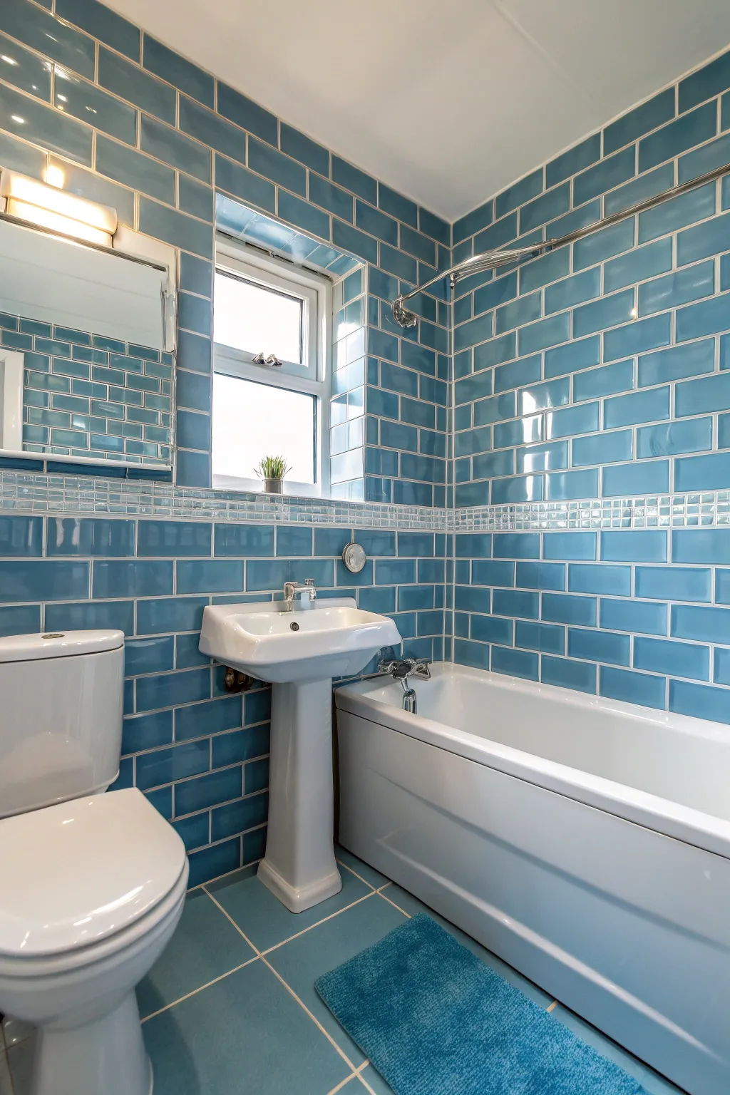 Glossy blue tiles bringing personality to the bathroom.