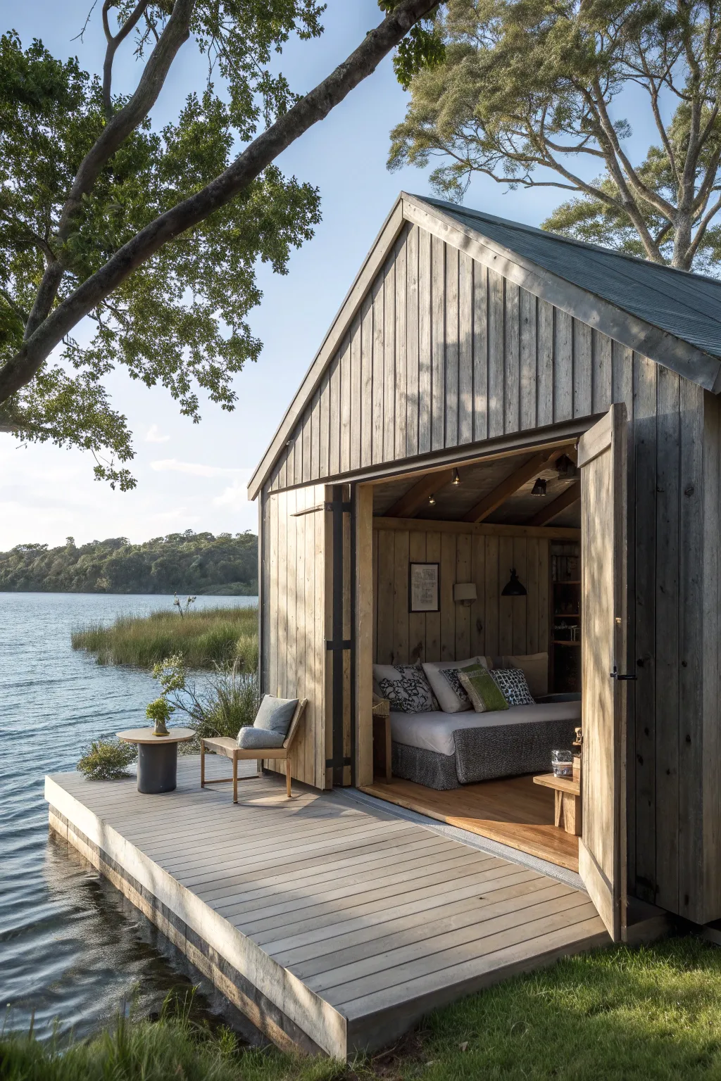 Transform your boat shed into a dual-function retreat that invites both storage and serenity.