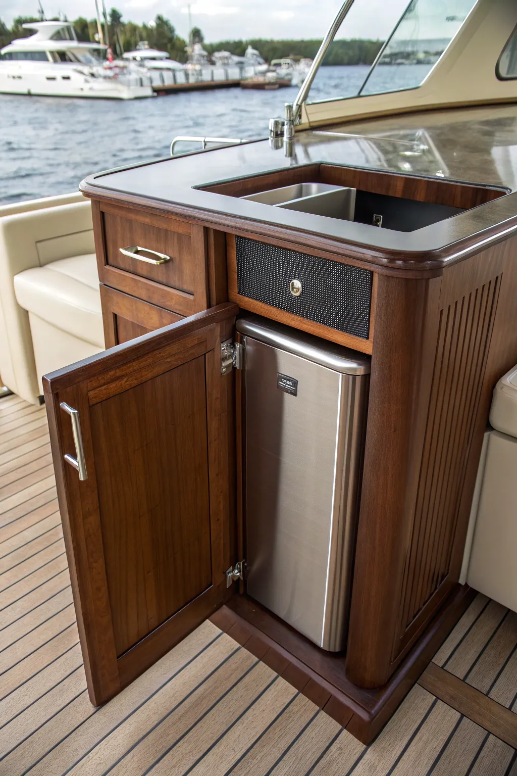 Elevate your boat's interior with custom-built trash solutions for a seamless and stylish look.