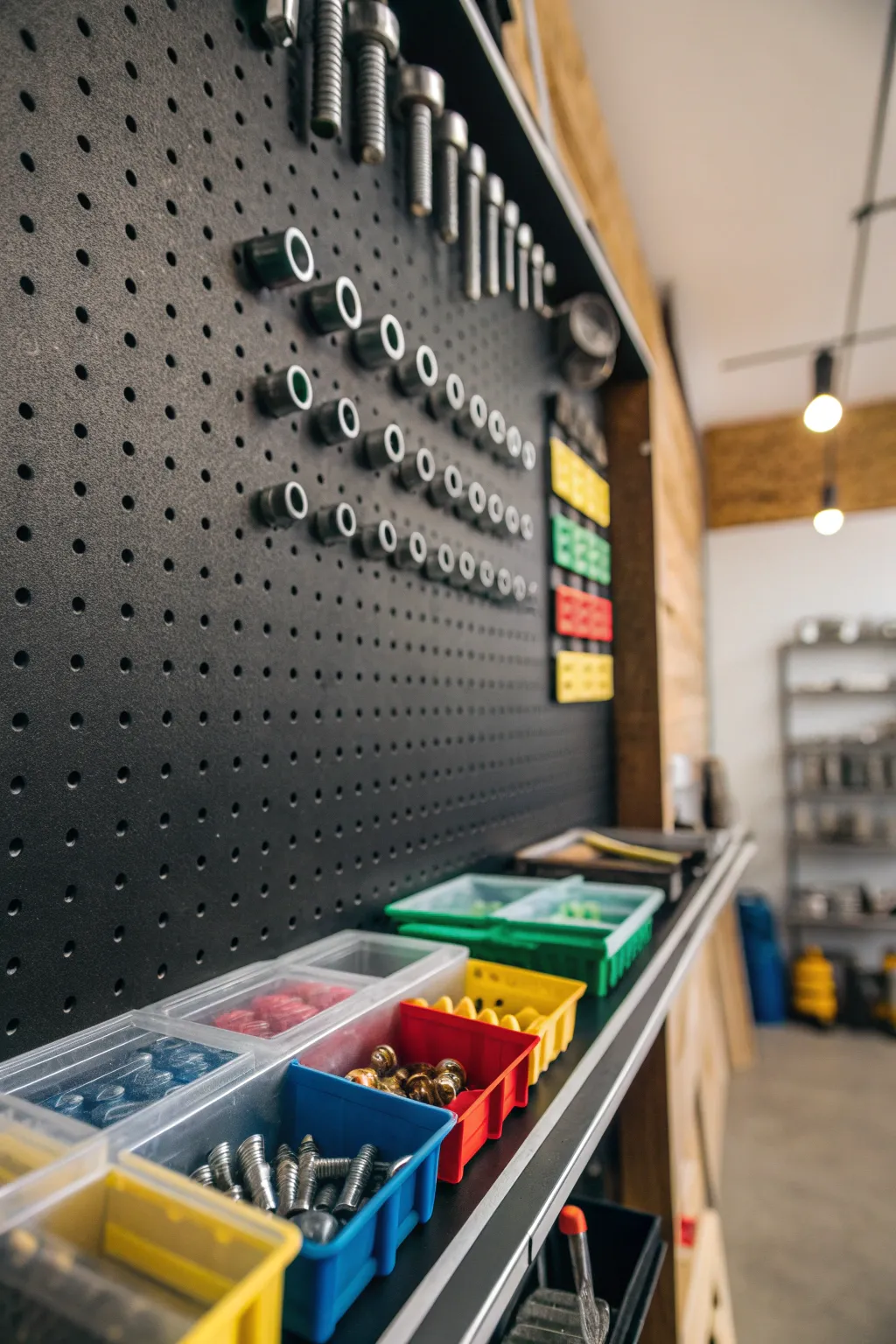 Transform your workspace with a sleek pegboard setup—effortlessly organized and within arm's reach.