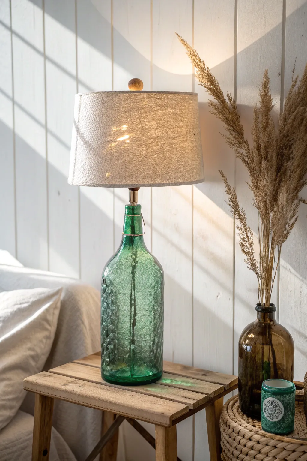 Illuminate your space with the vibrant charm of a colored glass bottle lamp. #ScandiBoho #CraftedElegance