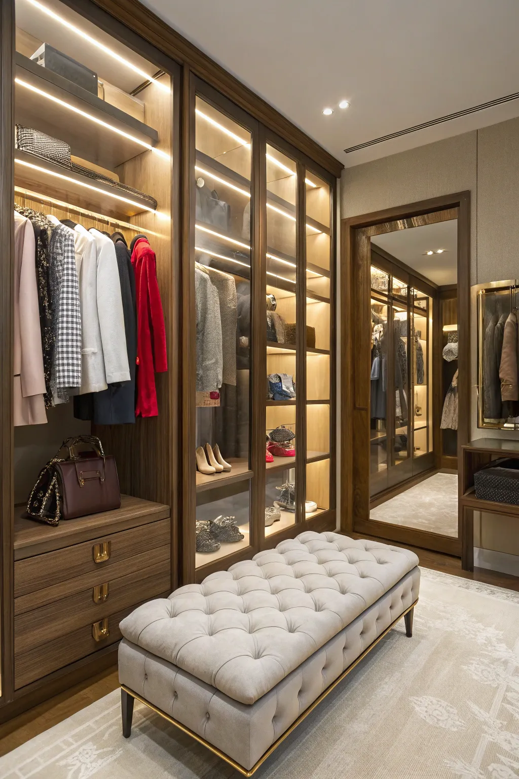 Elegant seating makes the closet more inviting and functional.