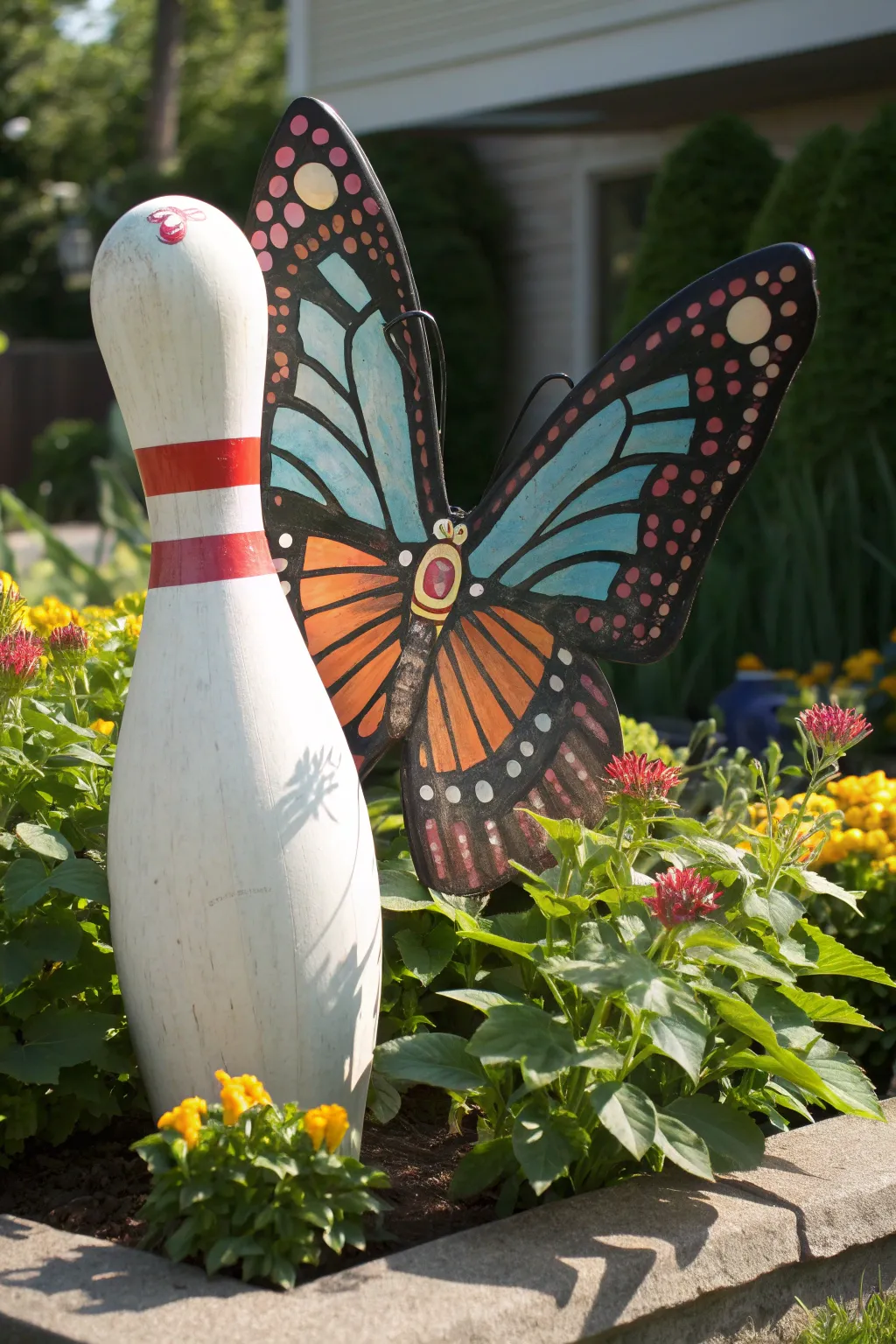 Transform your garden with this enchanting butterfly sculpture crafted from a bowling pin, adding a touch of magic among the blooms.