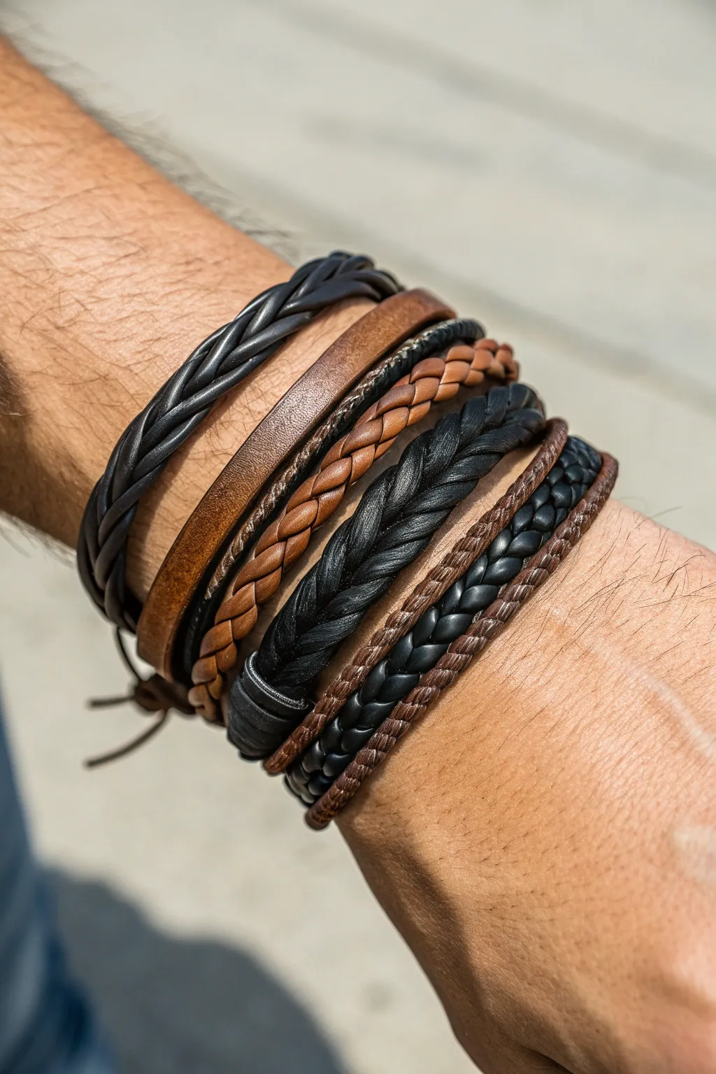 Elevate your style with layered leather bands – rugged elegance for the modern man.