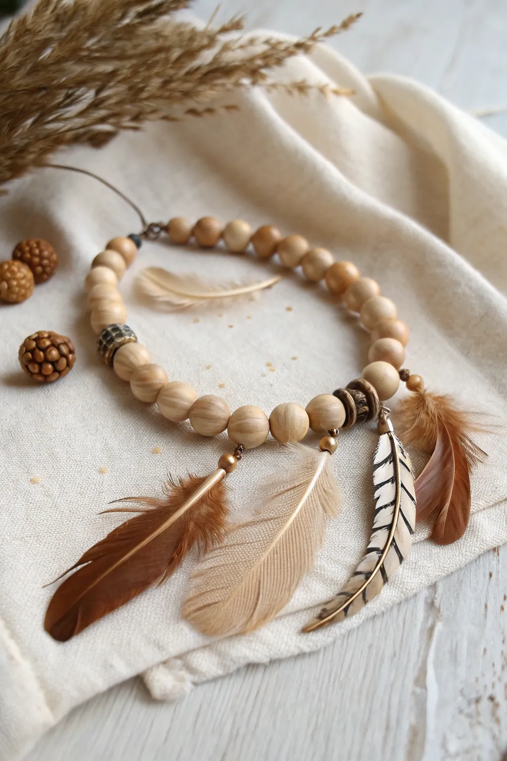 Embrace the serenity of nature with this bohemian-inspired bracelet, where wooden beads and feathers unite in perfect harmony.