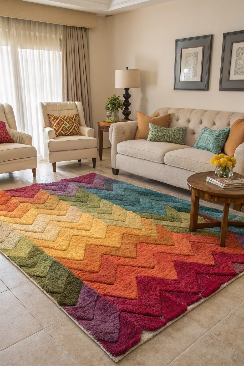 A multicolored rug brings warmth and color to a neutral living room.