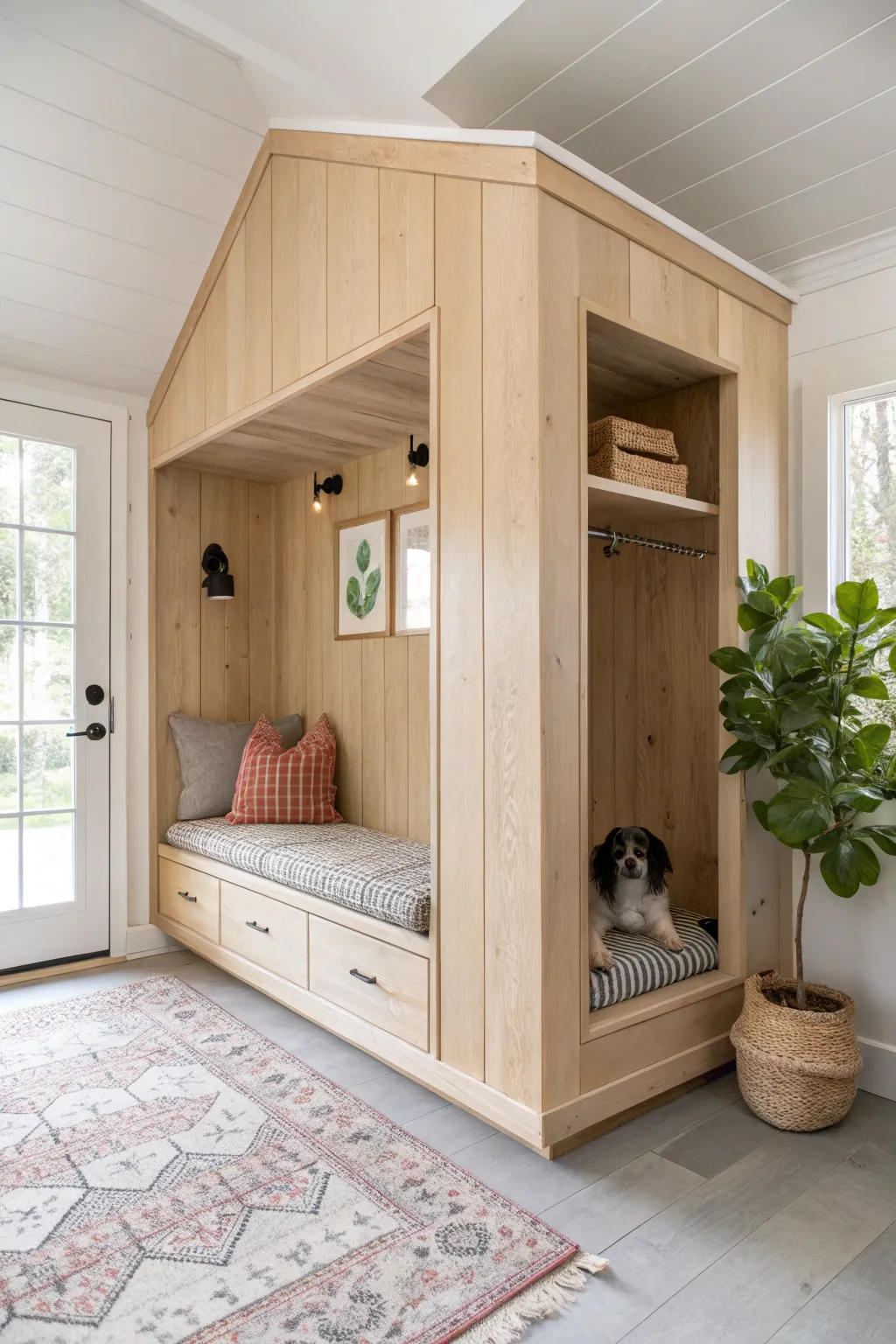 Elevate your mudroom with a stylish, built-in dog kennel that keeps your space clean and chic.