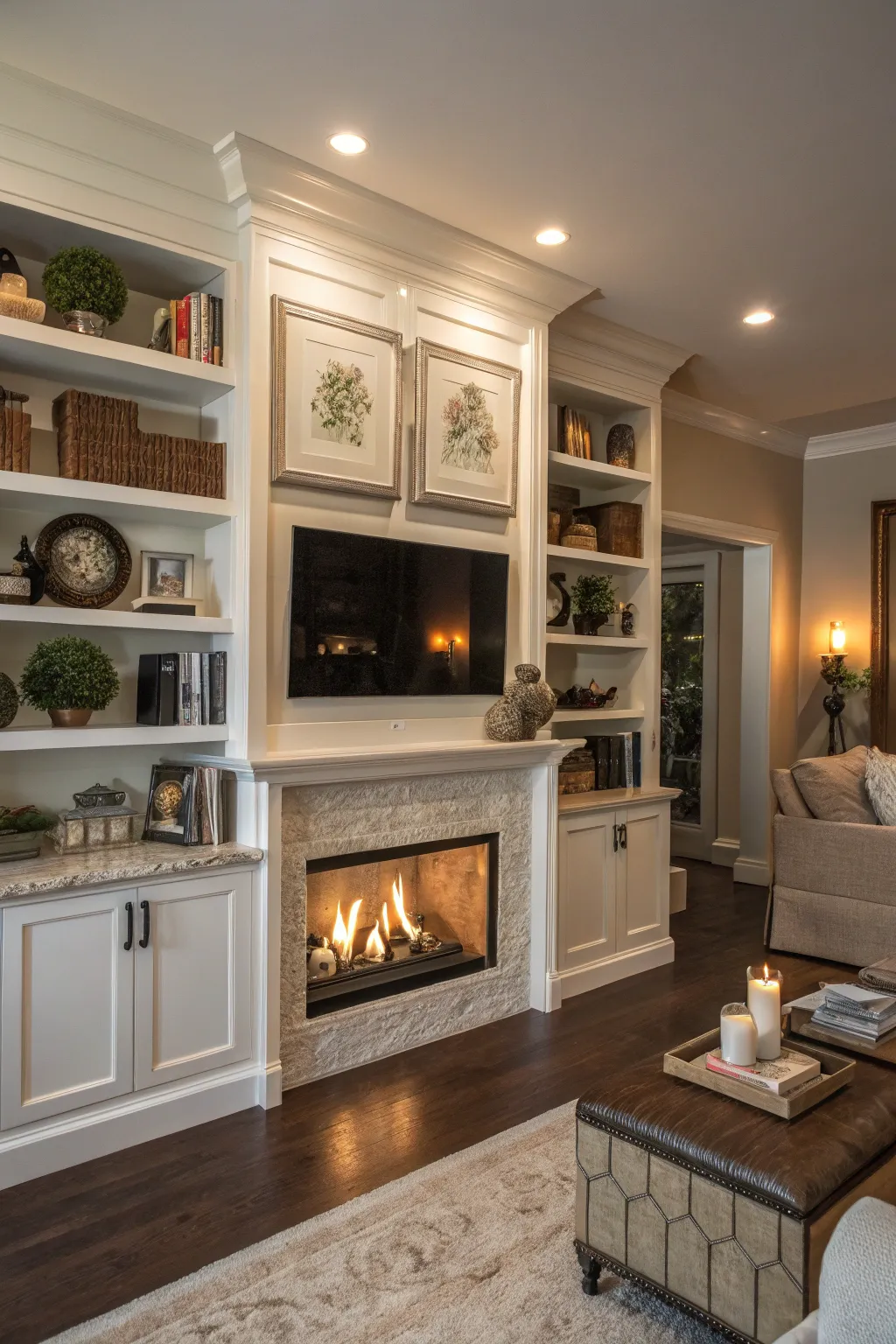 Floating shelves add an airy touch to this elegant entertainment center.