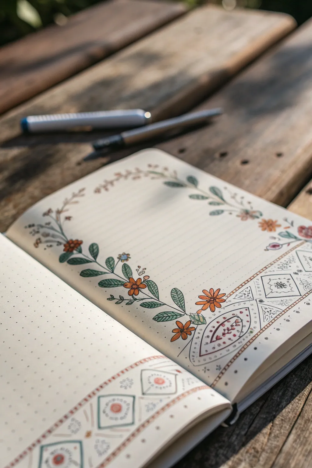 Embrace the charm of rustic hand-drawn borders in your bullet journal for a cozy, creative touch.