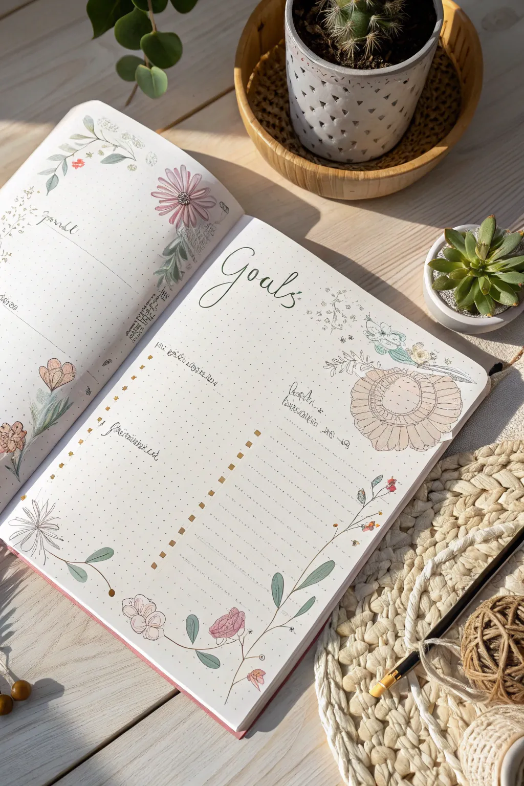 Elevate your goals with charming doodles and pastel accents for a uniquely inspiring bullet journal page.