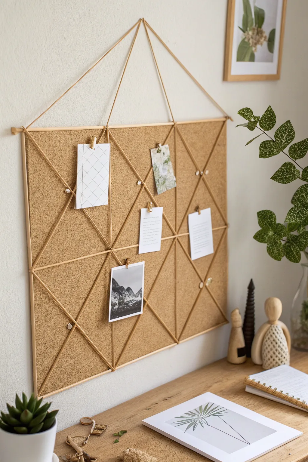 Transform your space with geometric elegance. Discover the art of organized beauty with this minimalist cork board design.
