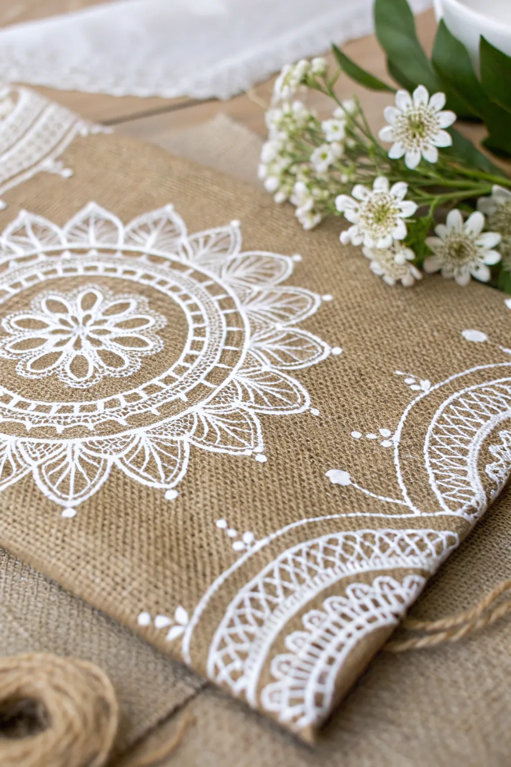 Delicate Elegance: Stencil and Lace on Burlap