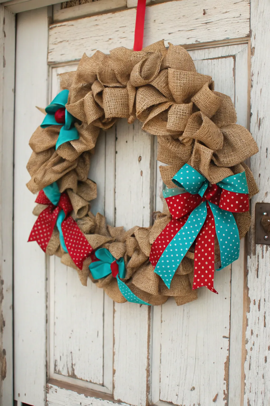 Transform your space with a pop of color: Bold ribbons make this burlap wreath a standout piece!