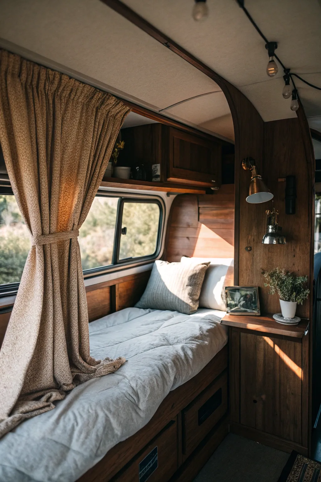 Transform your bus into a private sanctuary with a cozy sleeping nook. Perfect for unwinding after a day of adventure.