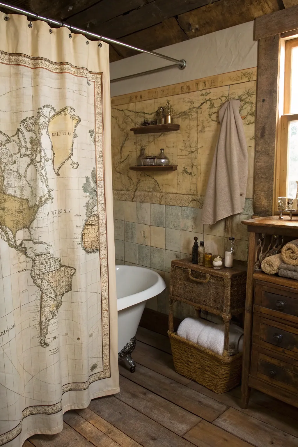 A vintage map shower curtain adding a touch of adventure.