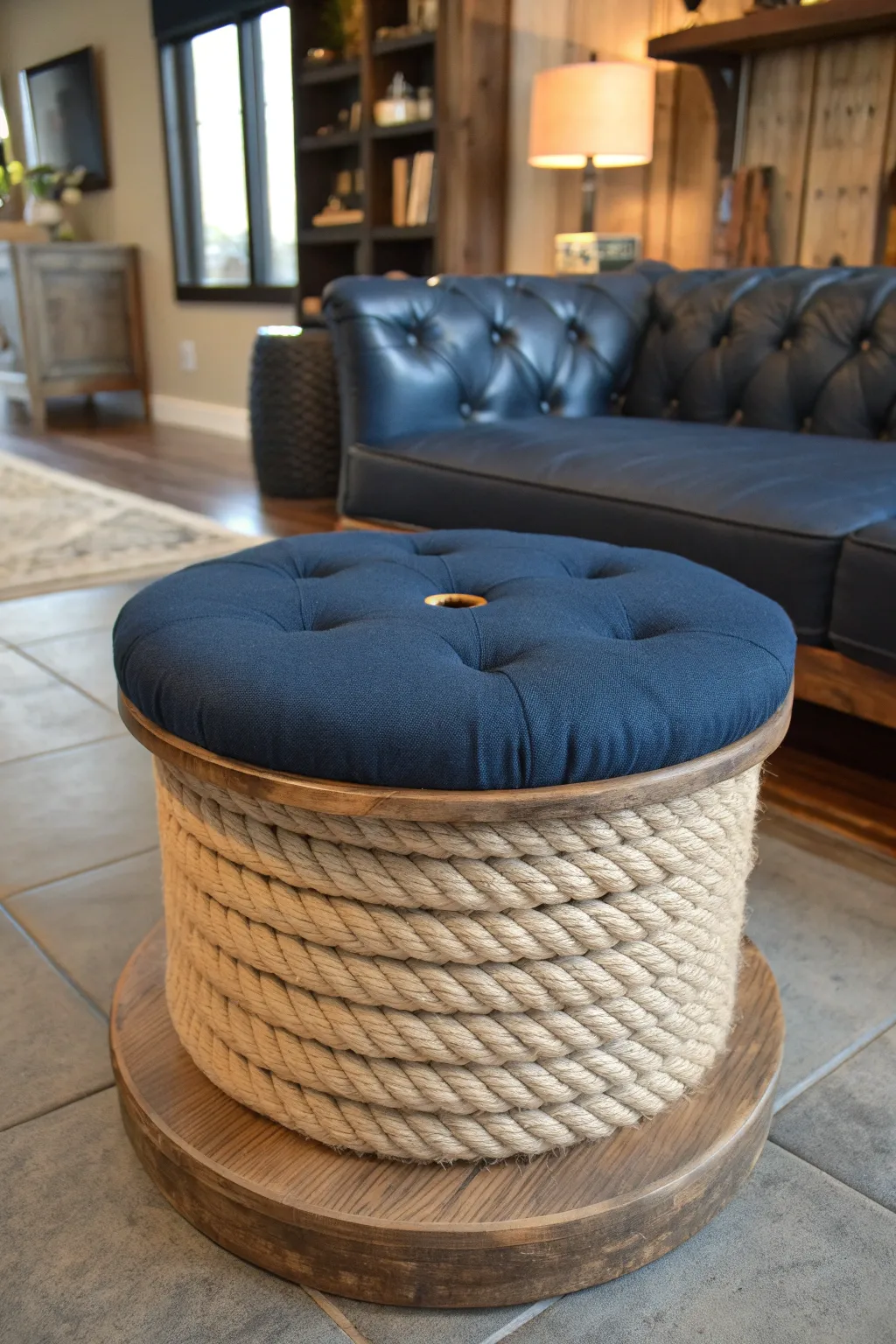 Transform a cable spool into a chic ottoman centerpiece for your living space.