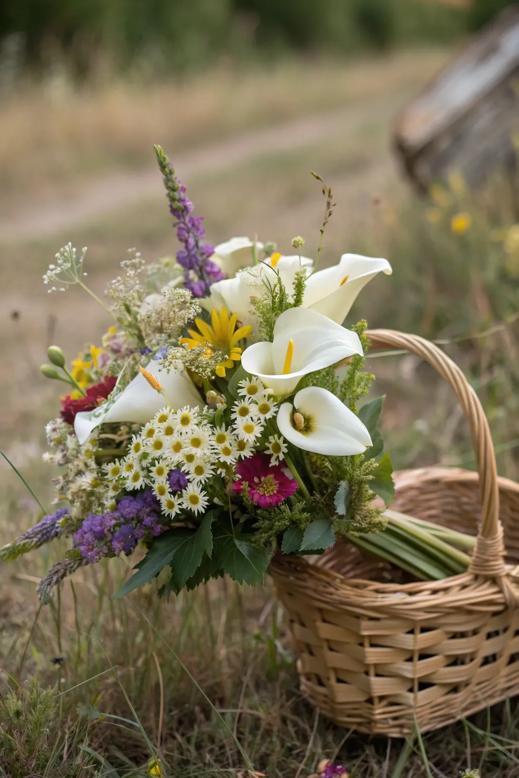 Rustic charm with a calla lily and wildflower bouquet.