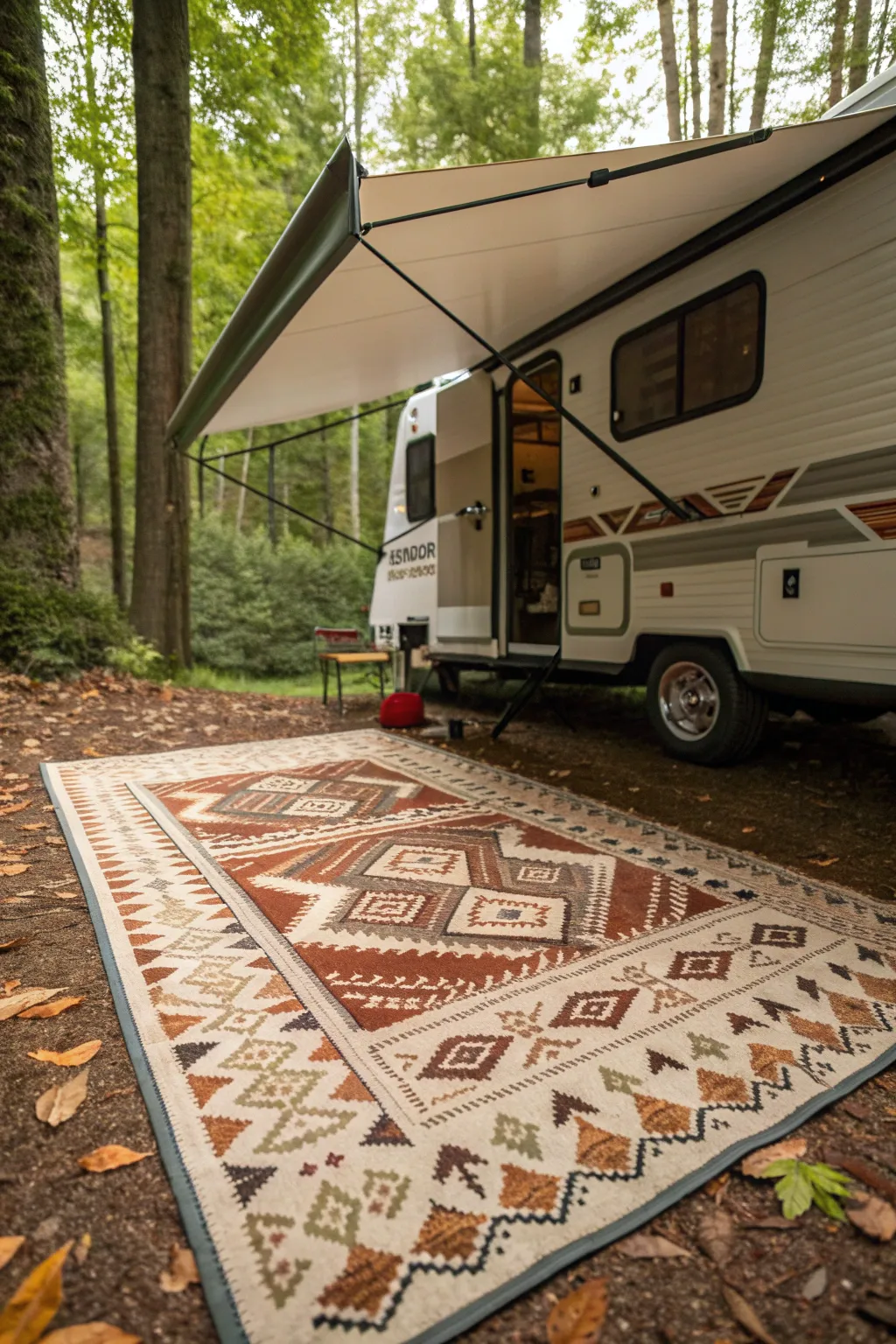 Elevate your camper setup with a stylish outdoor rug that brings comfort and character to your home on wheels.