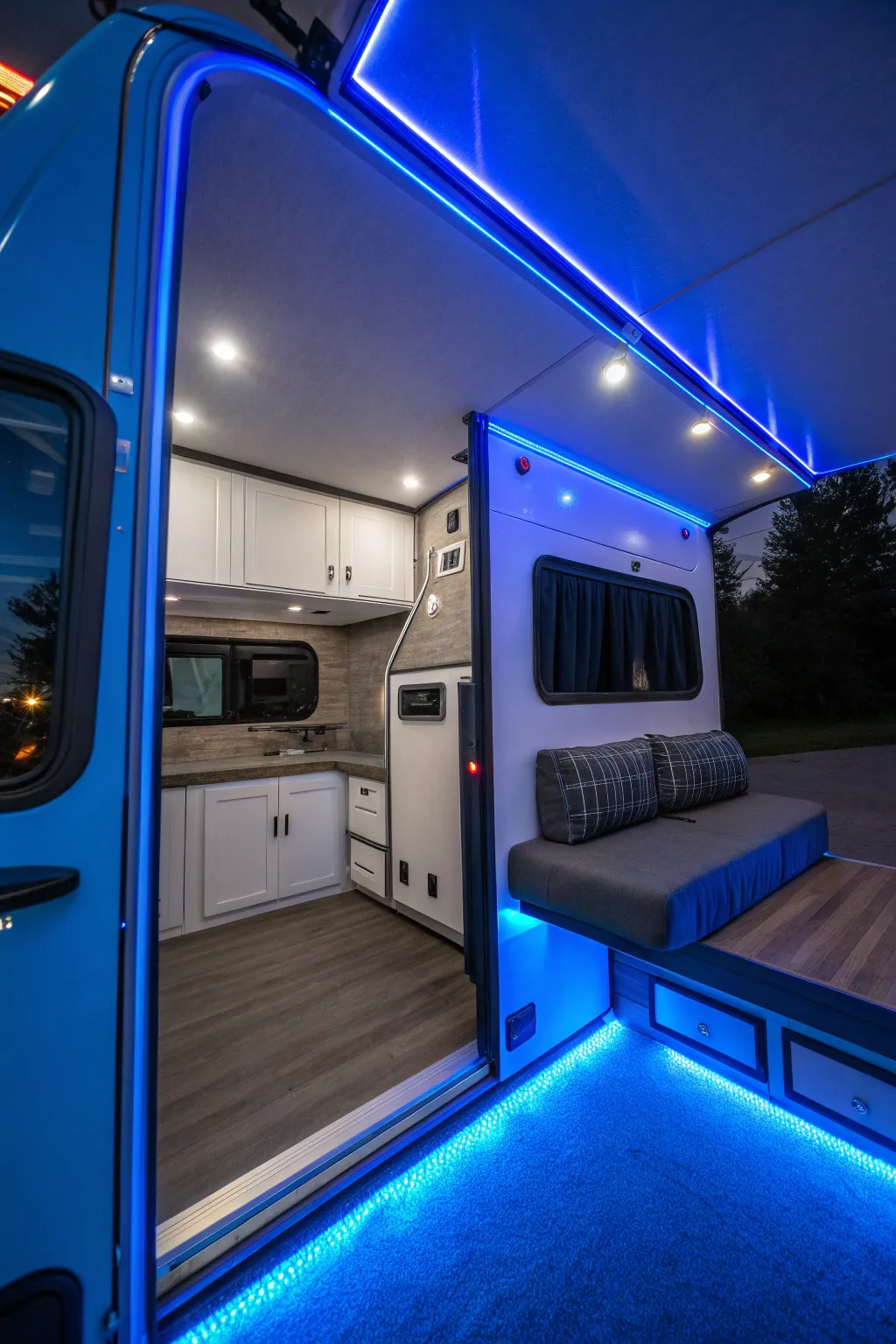 Transform your camper with calming blue LED lights for the ultimate cozy retreat.