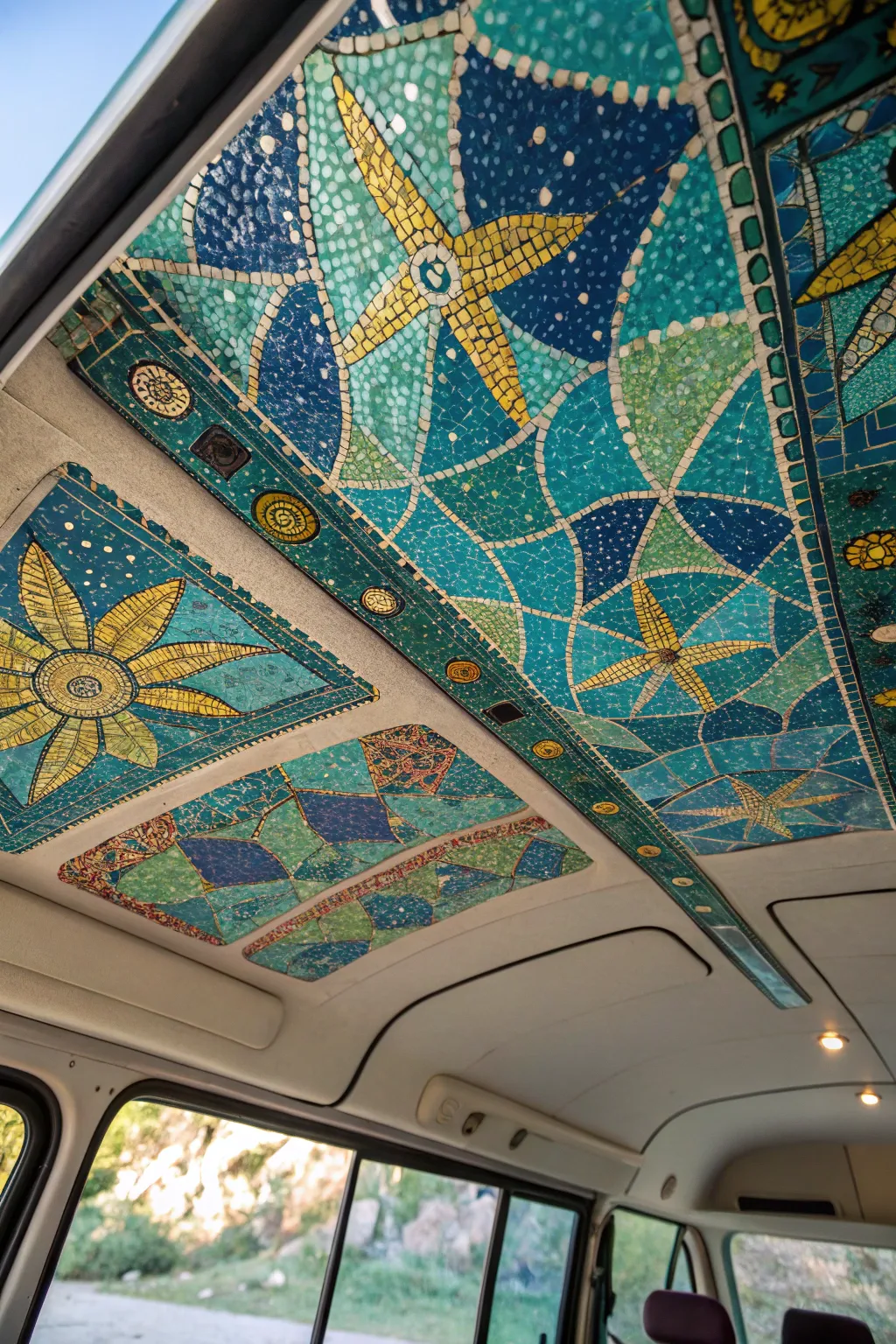 Transform your campervan ceiling into a stunning work of art with mosaic tiles, bringing creativity to every journey.