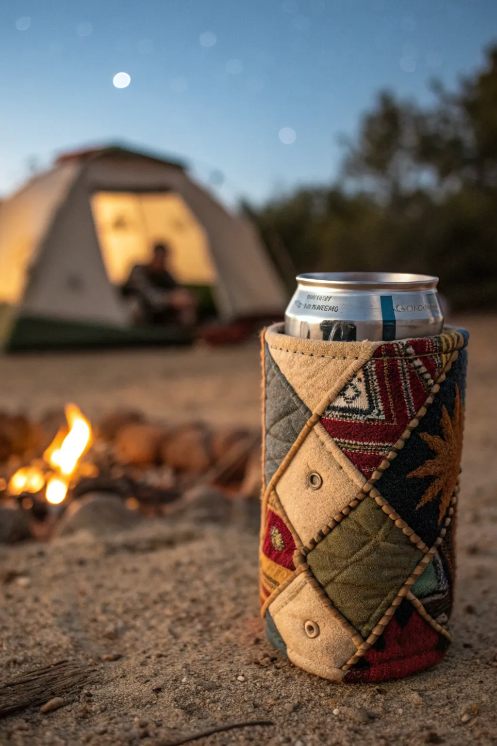 Craft your camping stories with a DIY patchwork koozie—every patch a memory.