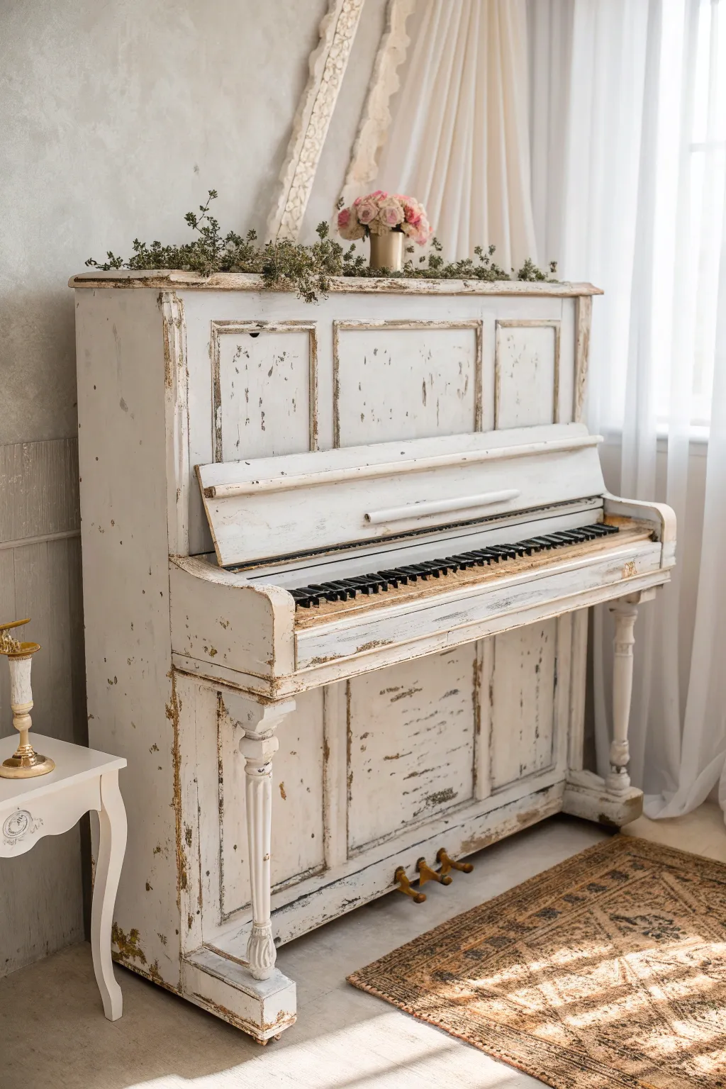 Transform your space with the rustic elegance of a distressed vintage piano. Perfect for adding charm and character to your home.