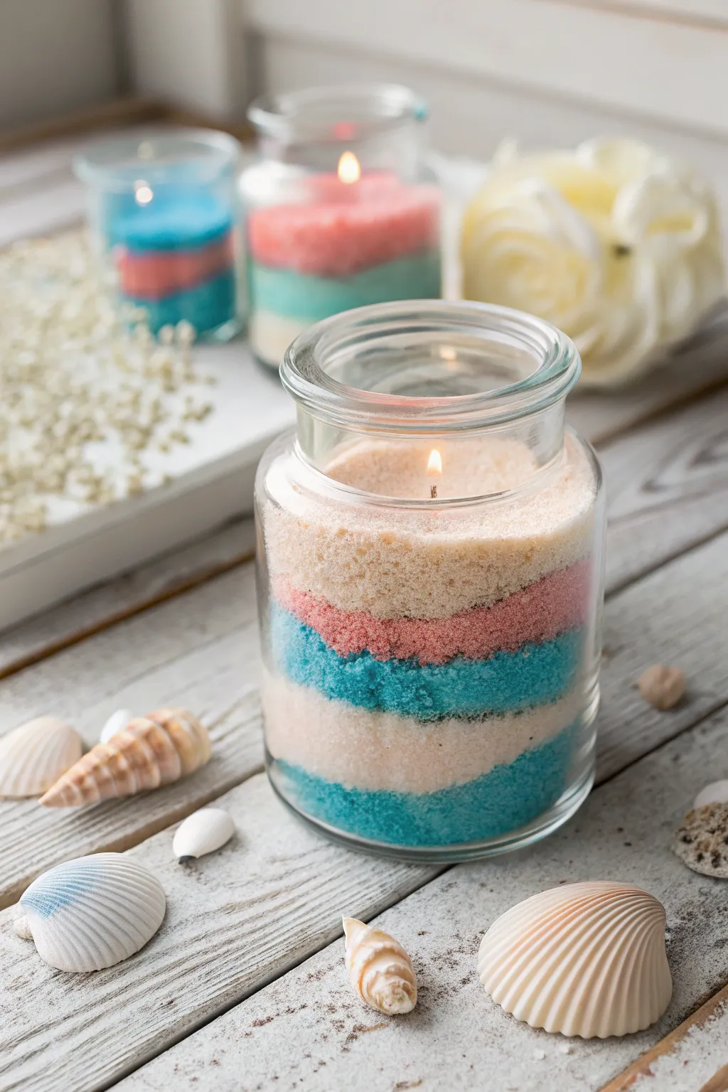 Capture the essence of summer with this beach vibe sand art candle jar – a perfect blend of simplicity and natural beauty.