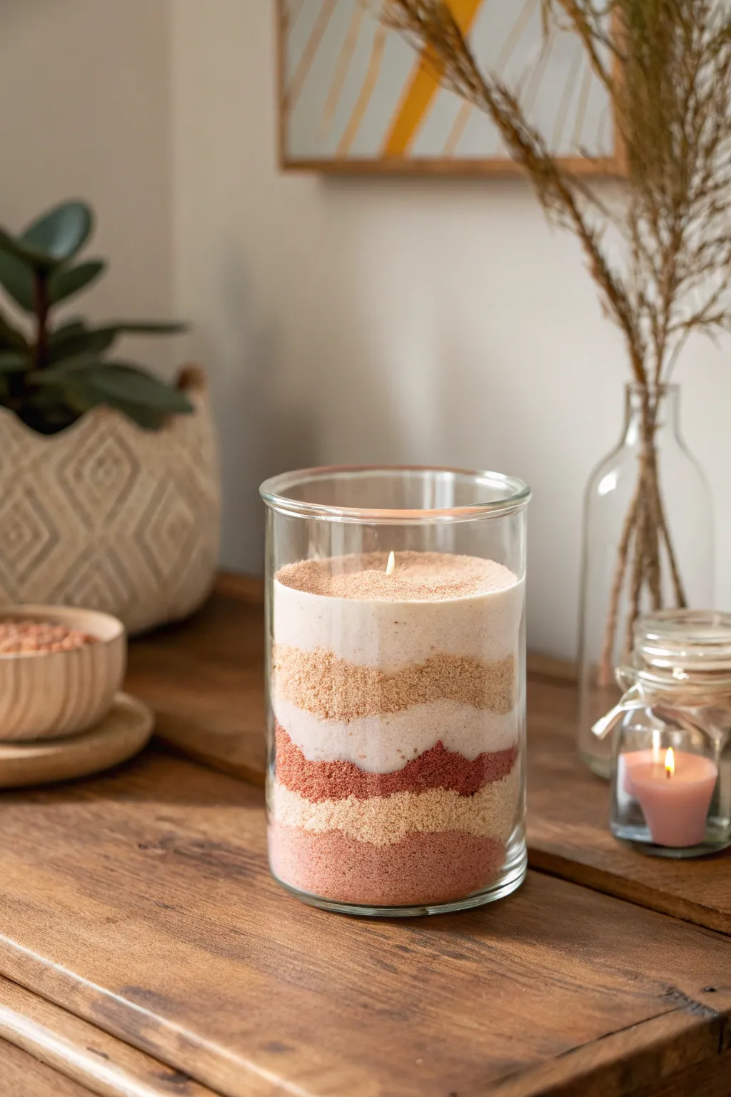 Elevate your space with the serene beauty of layered sand art candles. A minimalist touch with a boho twist!