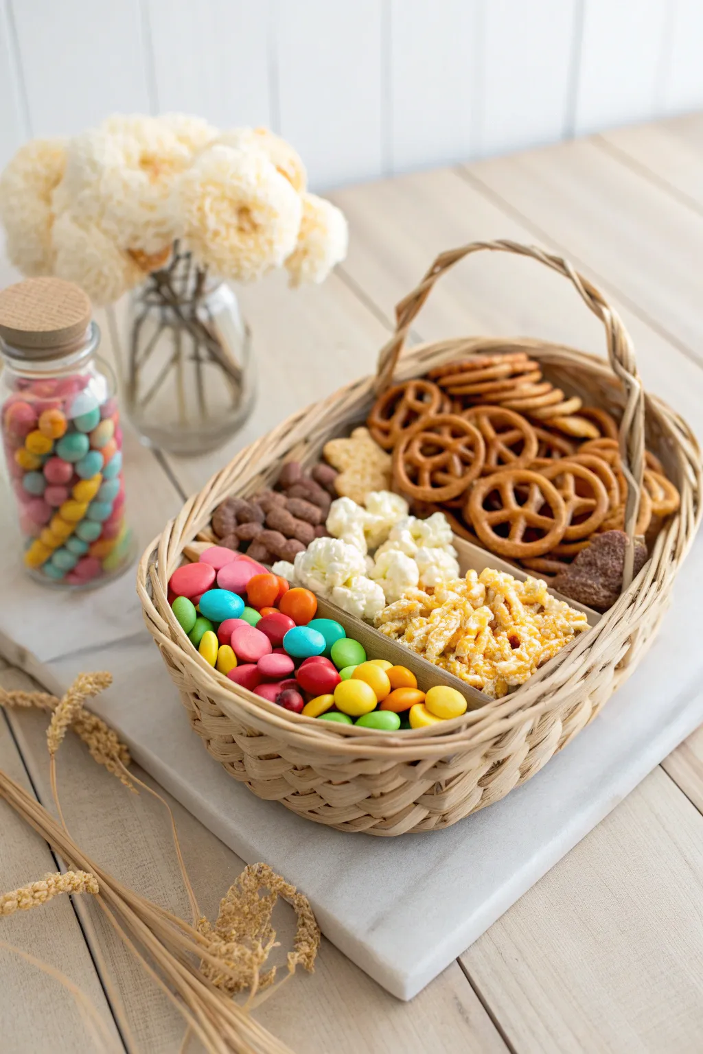 A delightful mix of sweet and savory: the perfect candy and snack gift basket for those who love variety.