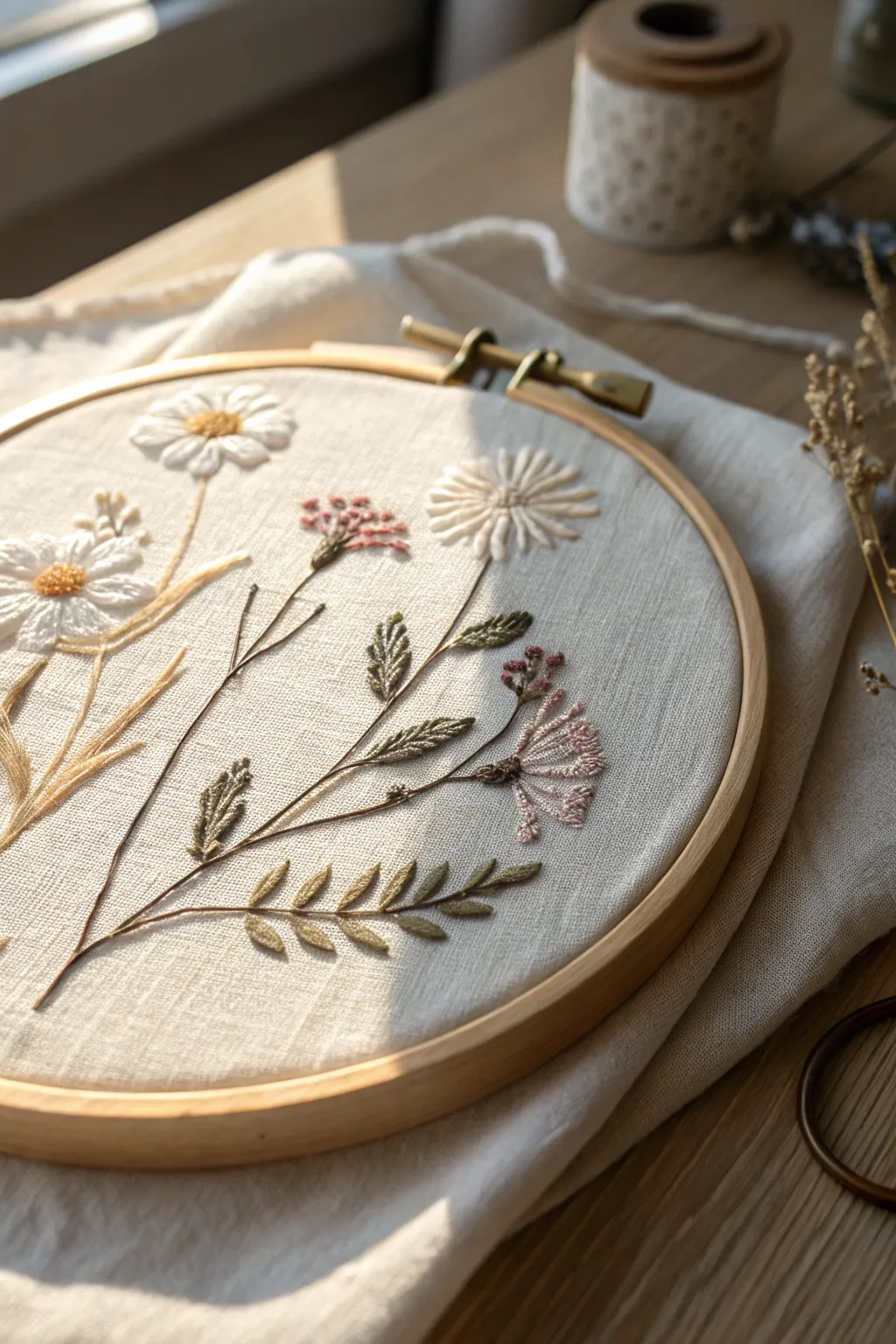 Embrace the art of texture with this enchanting floral embroidery, where simplicity meets tactile beauty.