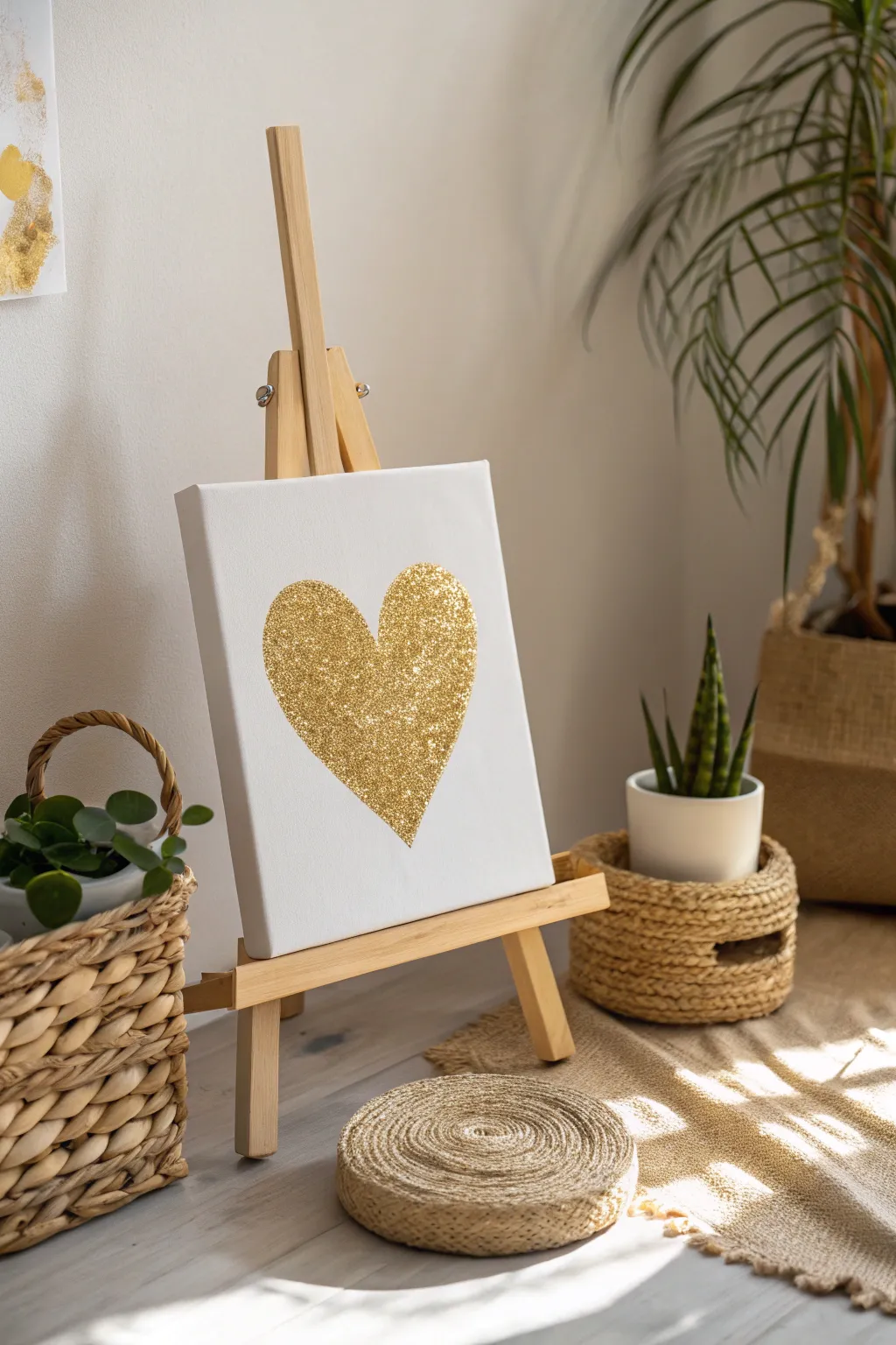 Sparkle your space with simple elegance: a DIY glitter heart canvas project that radiates warmth and creativity.