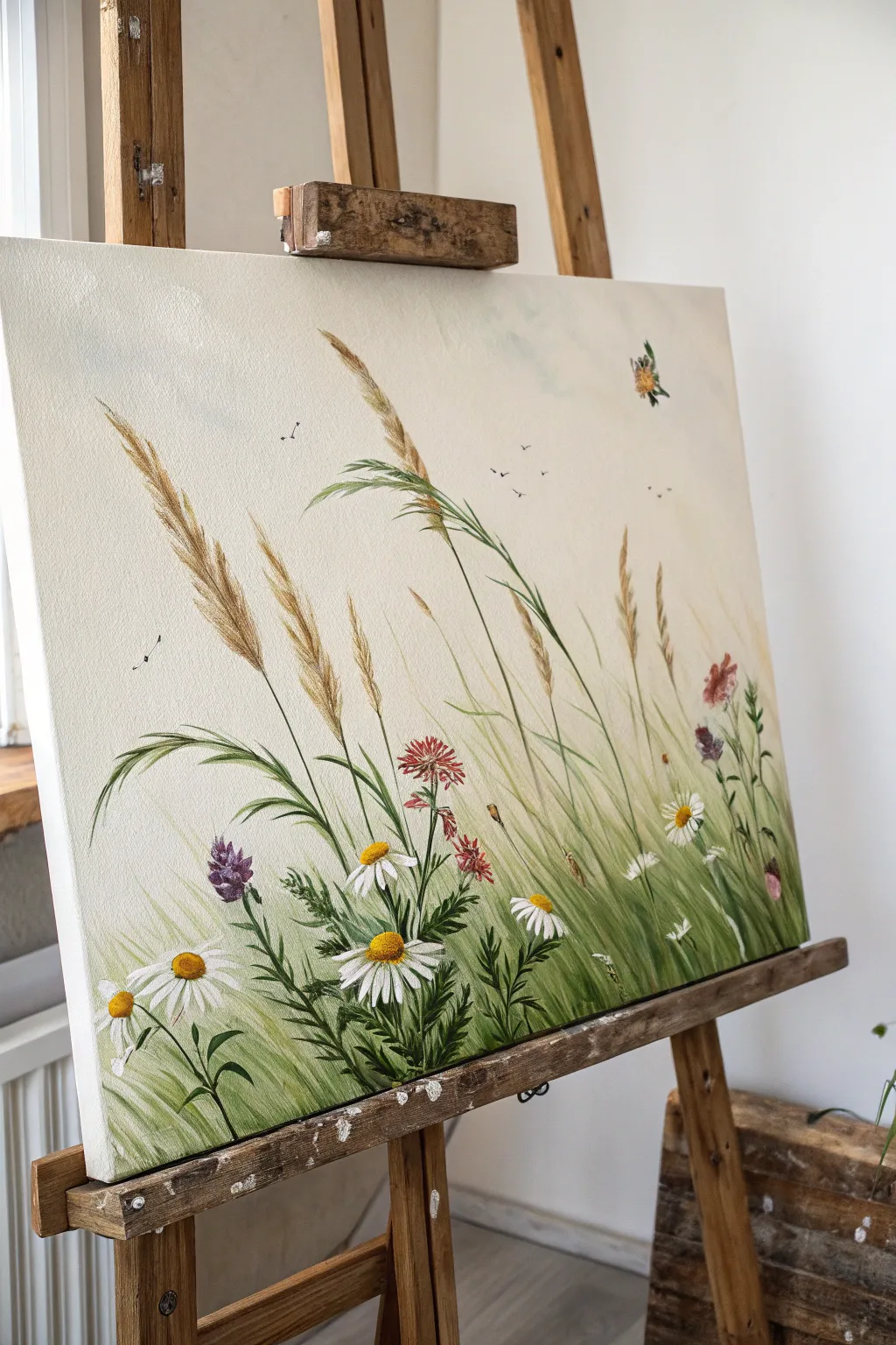 Capture the essence of a breezy day with a windswept meadow painting, where nature's dance comes alive on canvas.