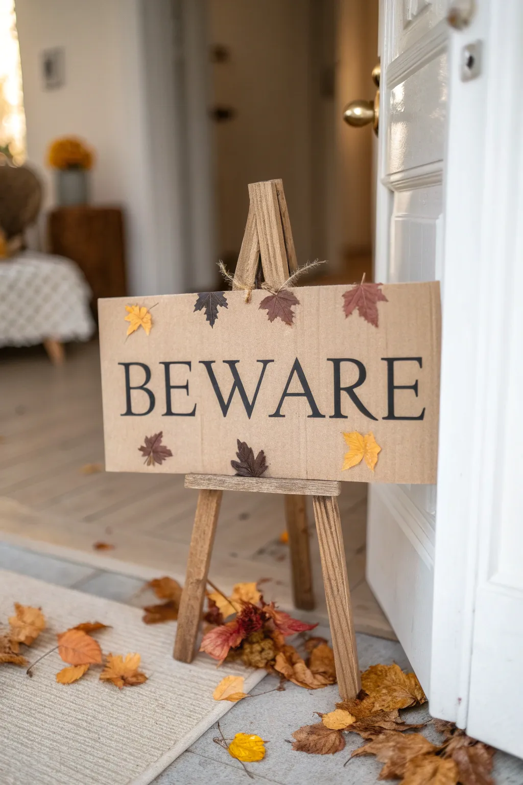 Welcome the spooky season with handcrafted elegance: a 'Beware' sign that blends minimalist charm with a touch of boho flair.