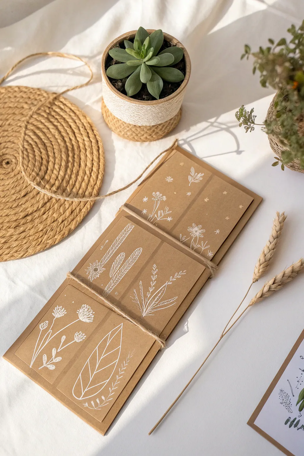 Flip through your story with these beautifully crafted cardboard panels, blending minimalist elegance with a boho touch.