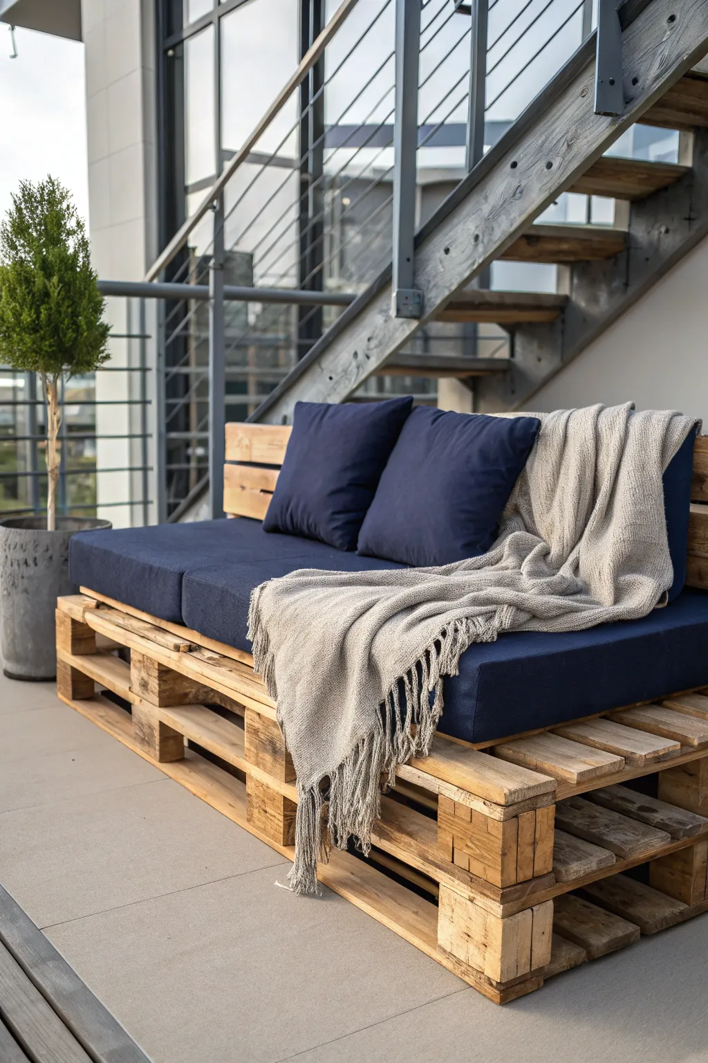 Transform your space with a touch of rustic charm: Upcycled Pallet Sofa for a modern balcony retreat.