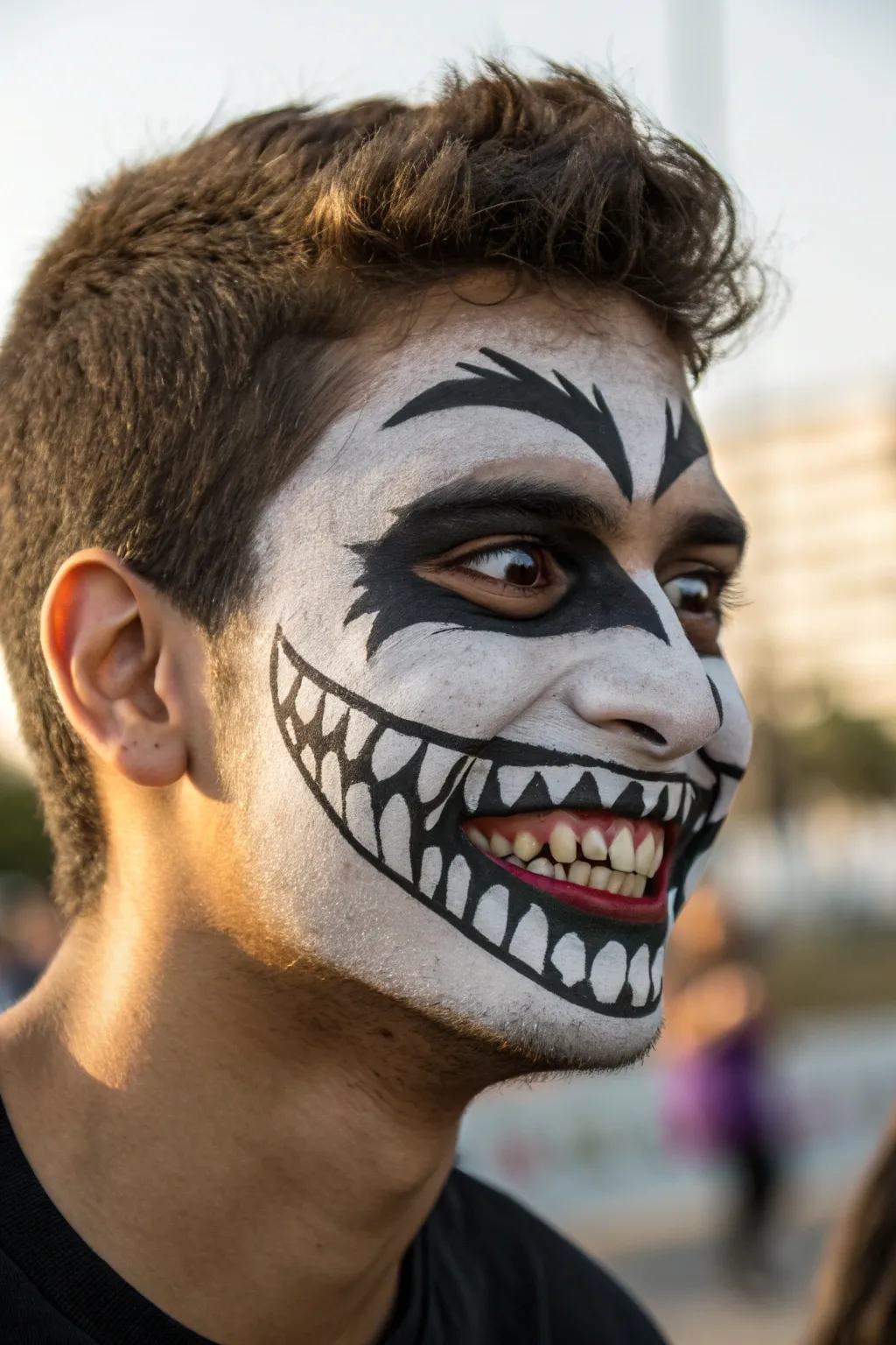 Unleash your inner zombie with this sharp-toothed grin face paint!