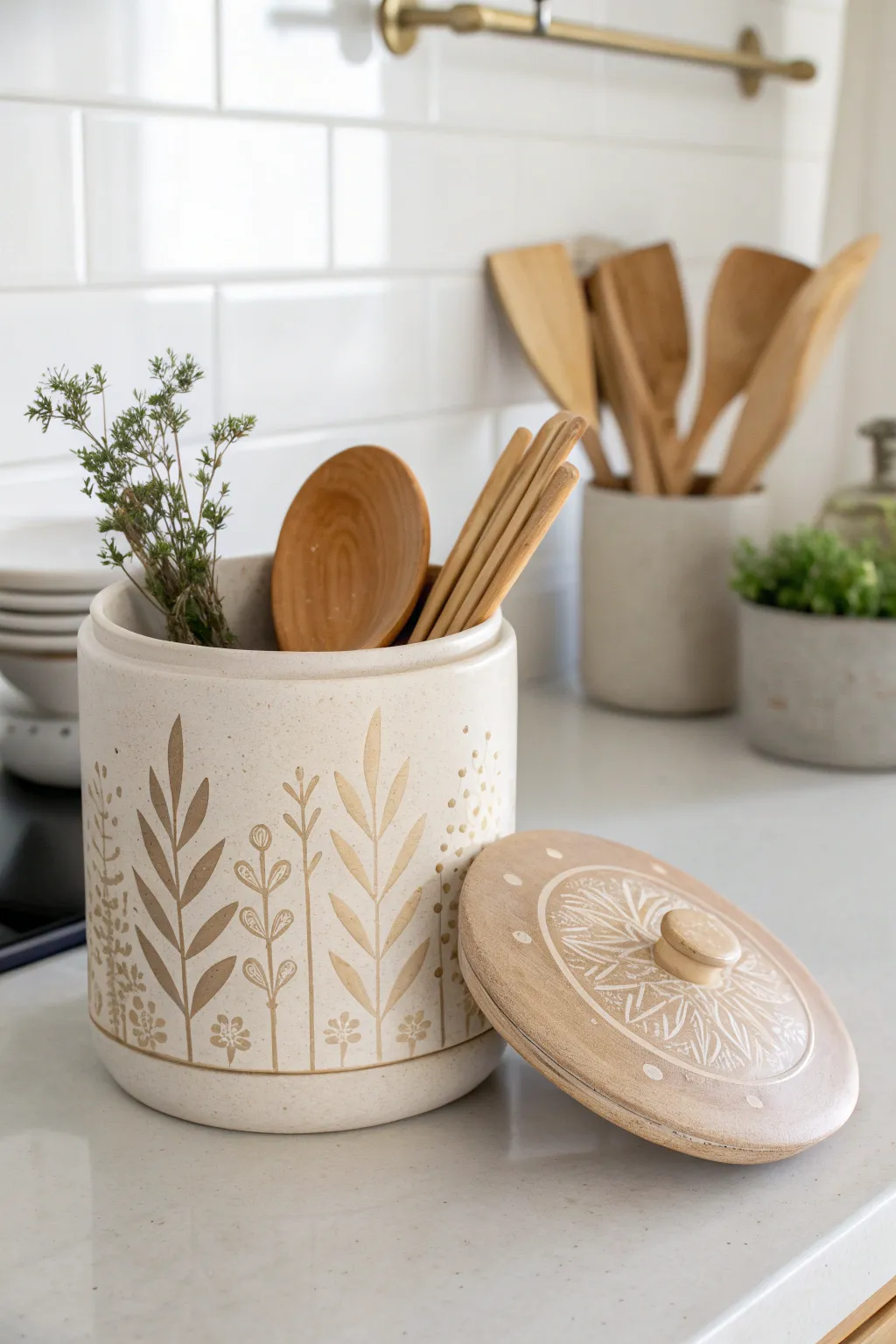 Elevate your kitchen with this chic ceramic vessel, where style meets function.