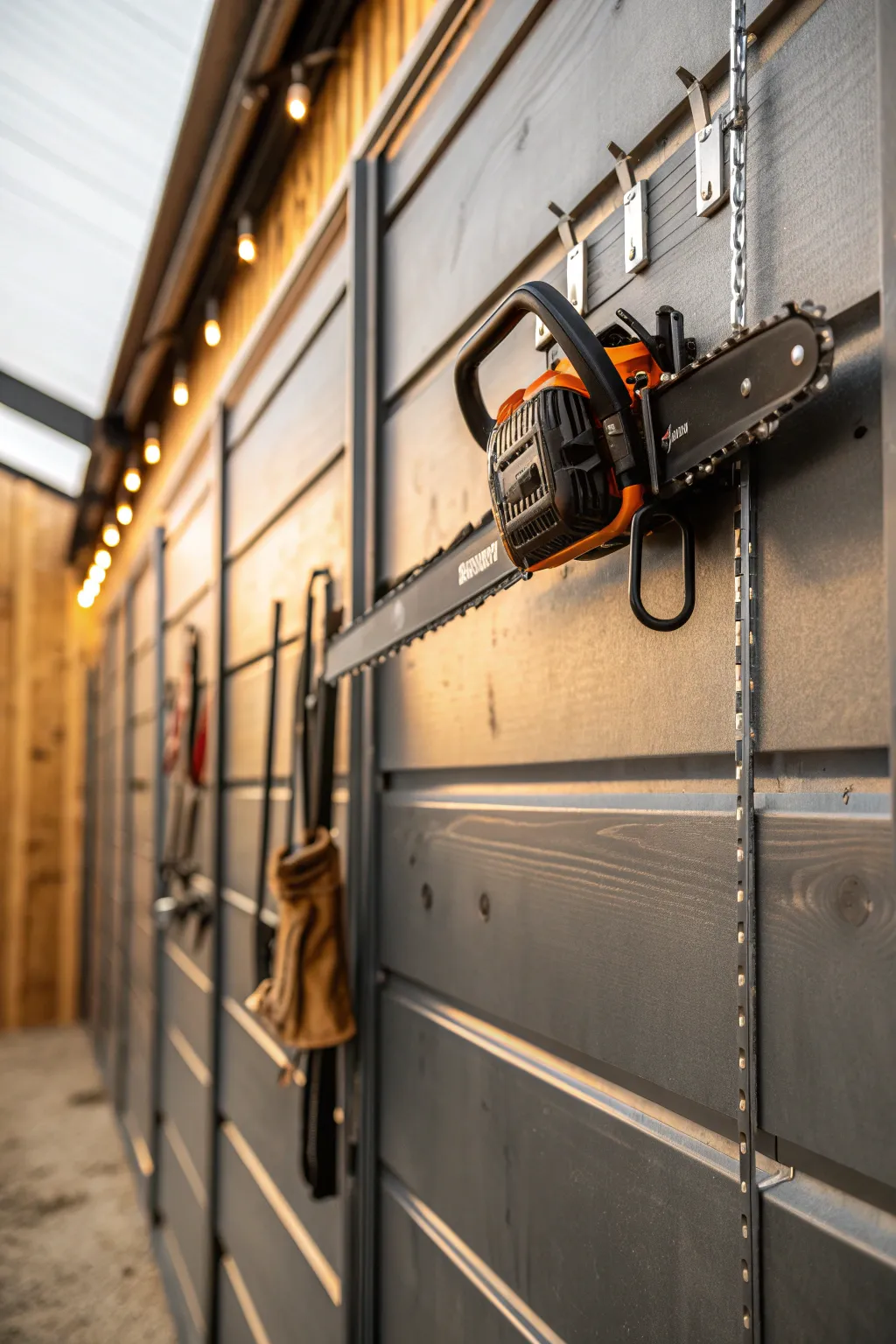 Maximize your space with style: Hang your chainsaw with heavy-duty hooks.