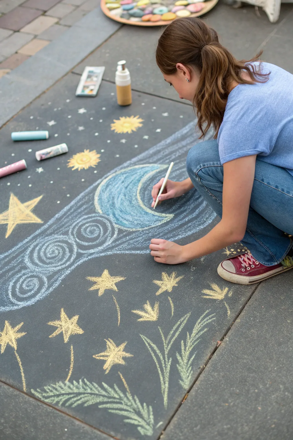 Let your creativity shine with a Van Gogh-inspired starry night chalk art. Perfect for little artists!