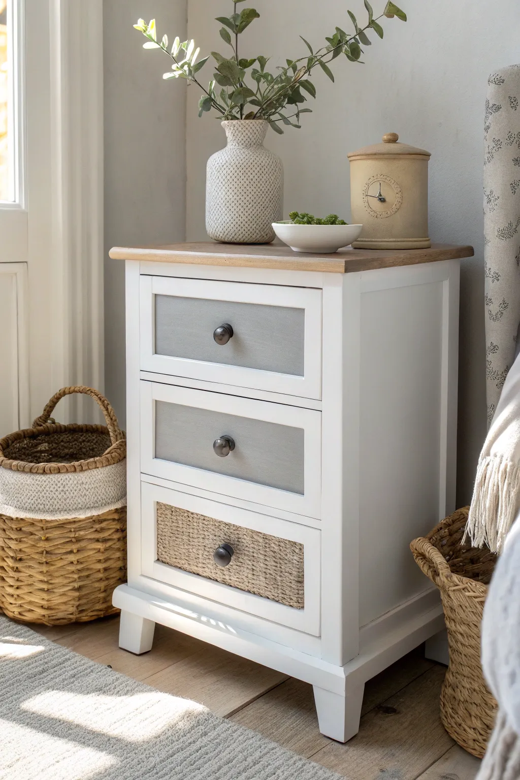 Elevate your space with a chic, two-tone nightstand that marries Scandinavian simplicity with boho charm.