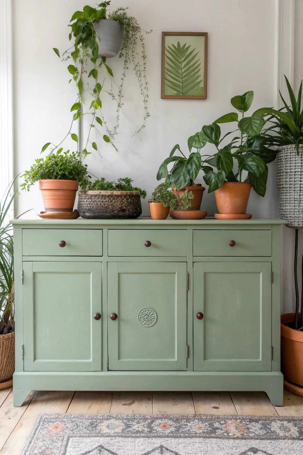 Transform your space with a serene, nature-inspired sage green buffet adorned with lush greenery. 🌿✨ #ScandiBoho #ChalkPaintElegance