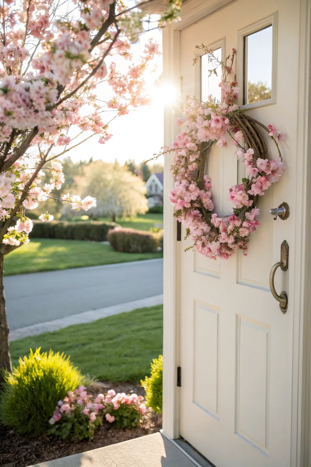A cherry blossom wreath gives this front door a charming, seasonal update.