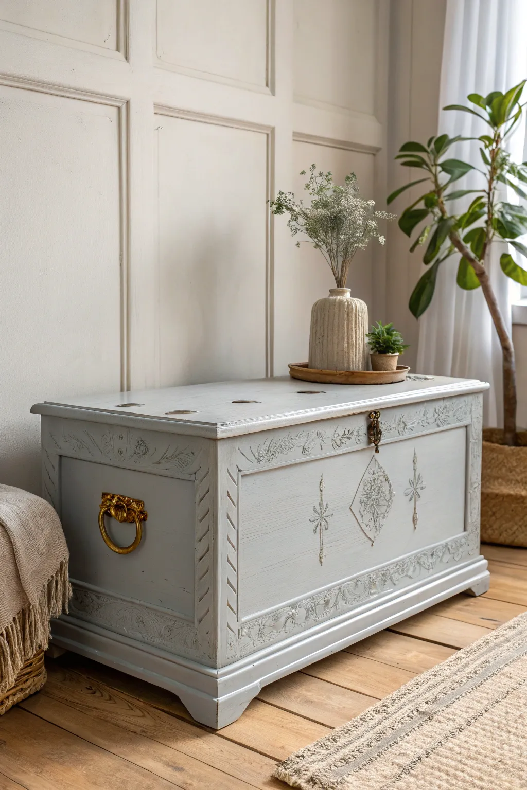 Embrace subtle elegance with a minimalist chest in soothing gray tones, perfect for any tranquil space.