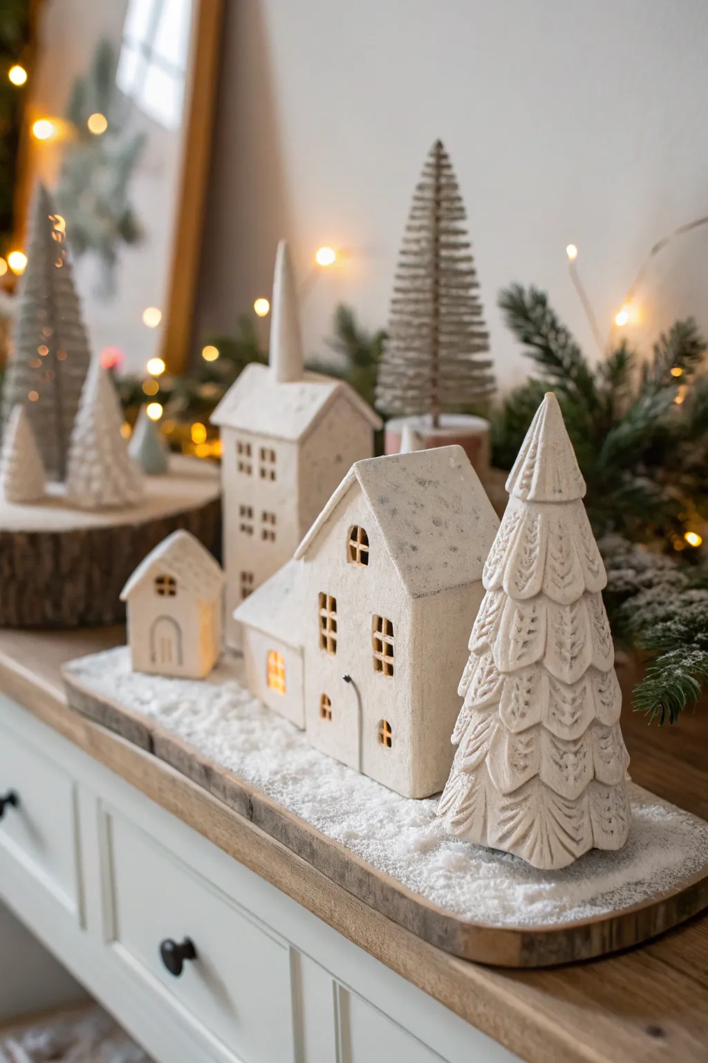 Transform your mantelpiece into a serene, snowy town with this miniature Christmas village, blending Scandinavian simplicity with Boho charm.