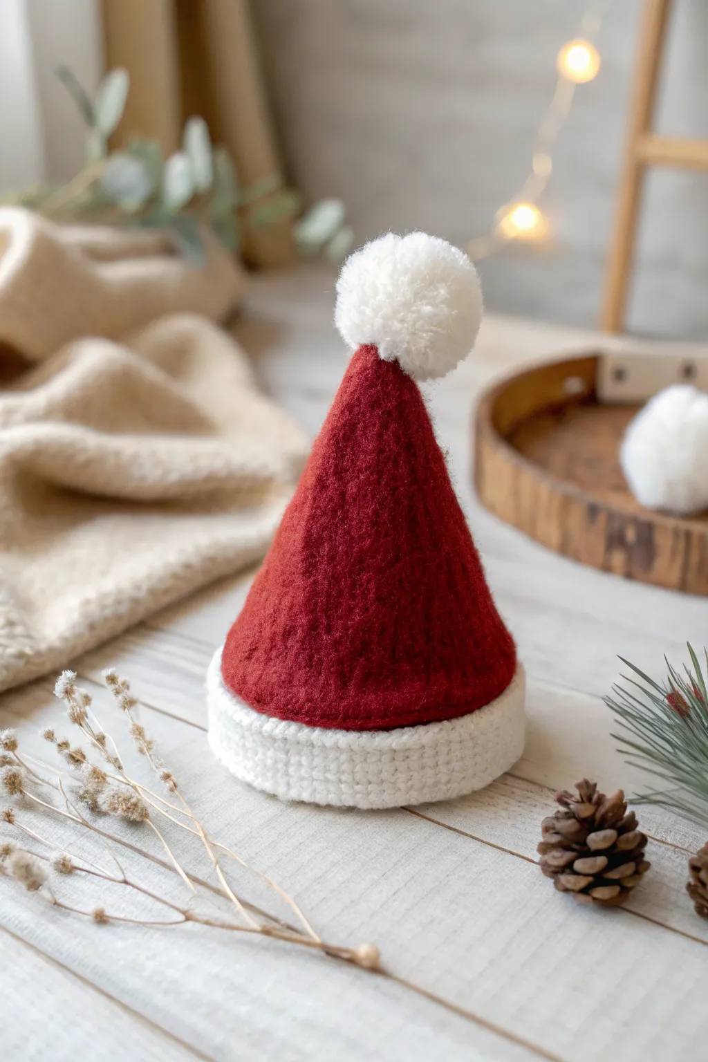 Add a playful touch to your holiday decor with a charming mini Santa hat topped with a fluffy pom pom.