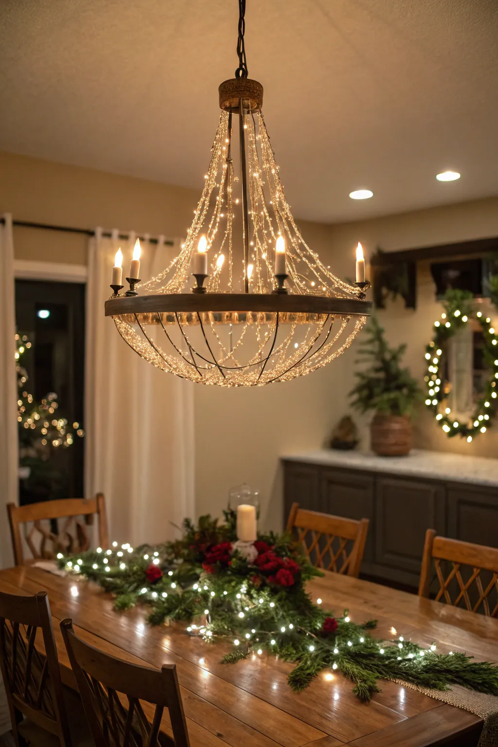 A chandelier of lights adds a touch of elegance to your holiday dining.